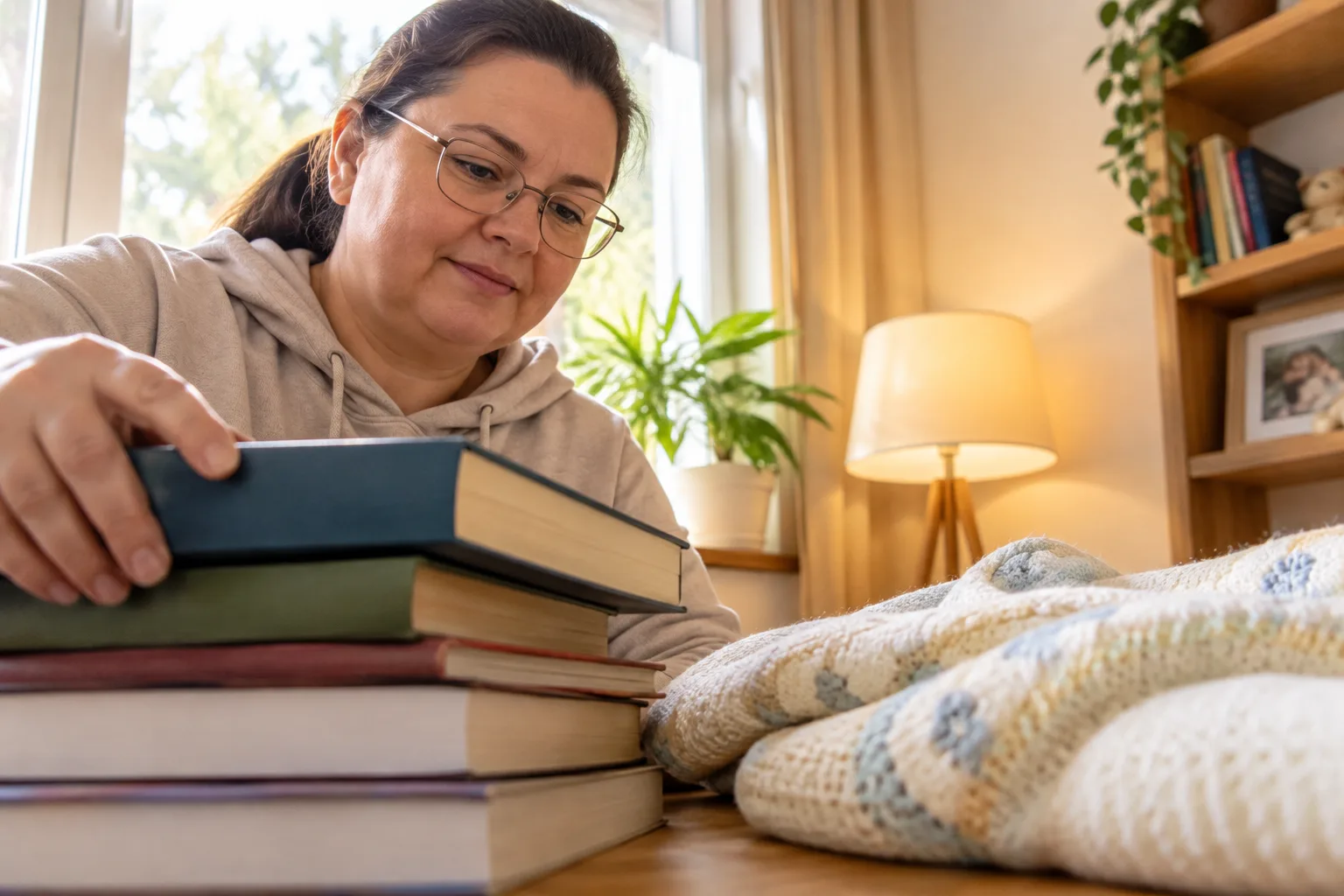 Жінка складає книжки на дерев’яному столі поруч із пледом