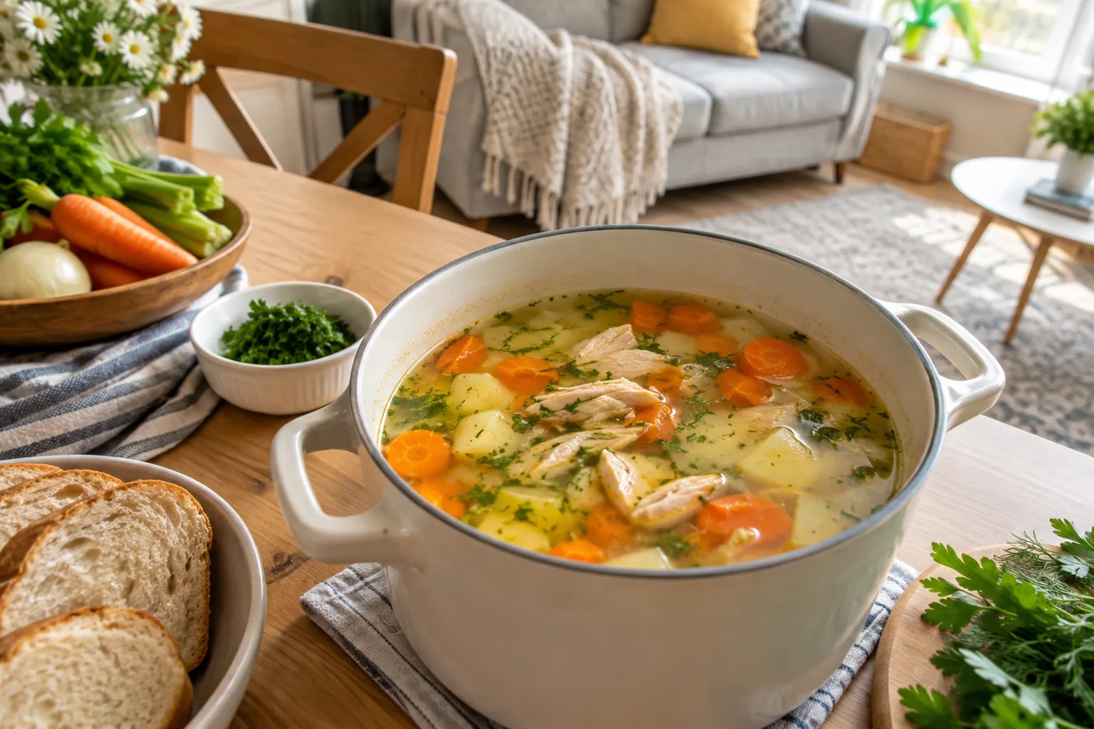Каструля курячого супу з овочами на кухонному столі