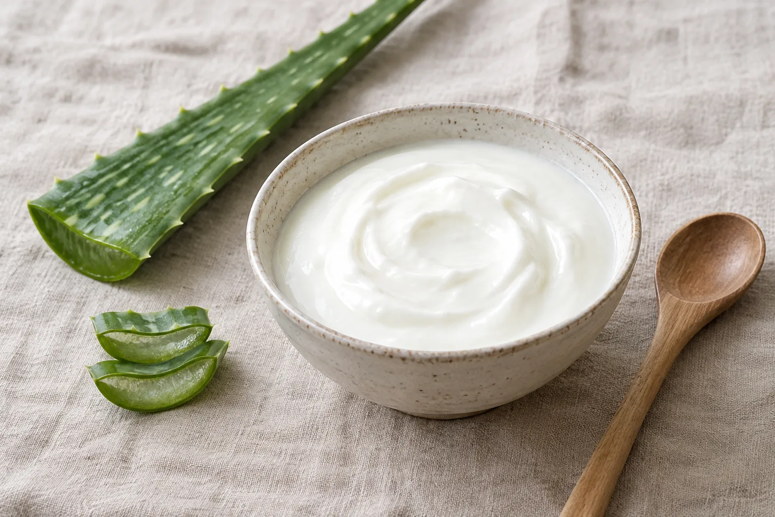 Йогурт, листок алое та ложка для домашньої суміші