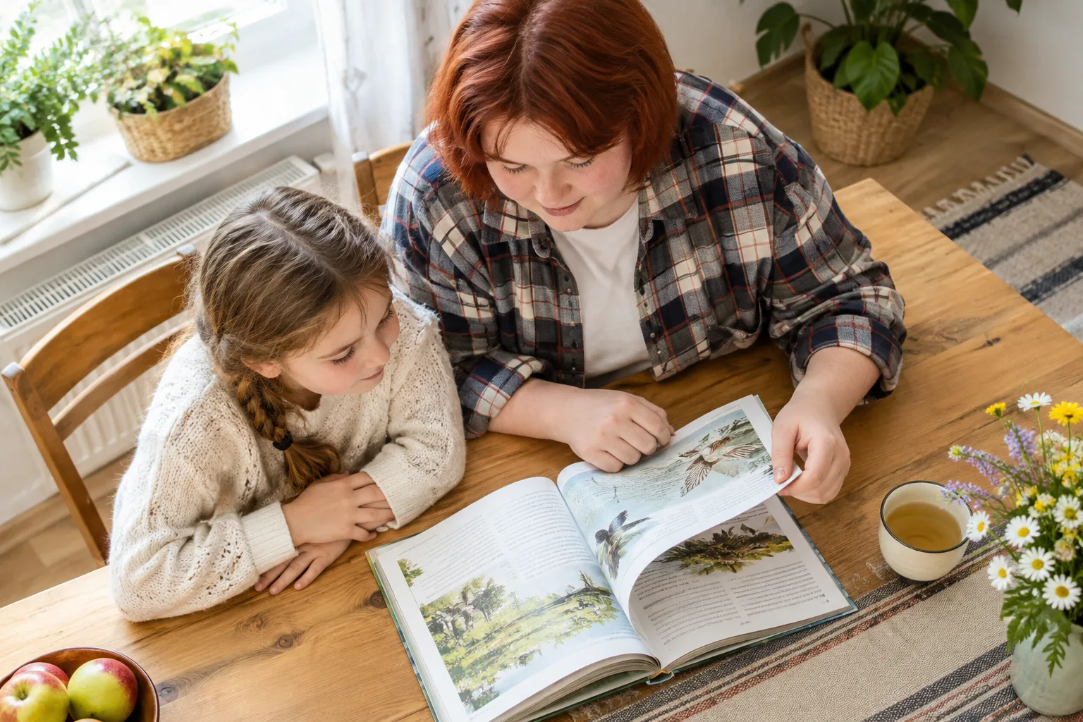 Спільне читання вдома Жінка й дівчинка разом читають відкриту книжку за столом