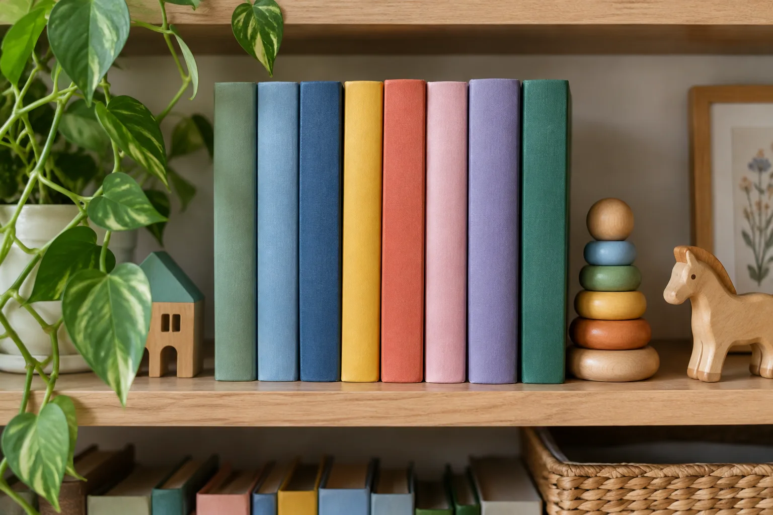 Книжкова полиця в дитячій кімнаті Книжки без написів і дерев’яні іграшки на домашній полиці
