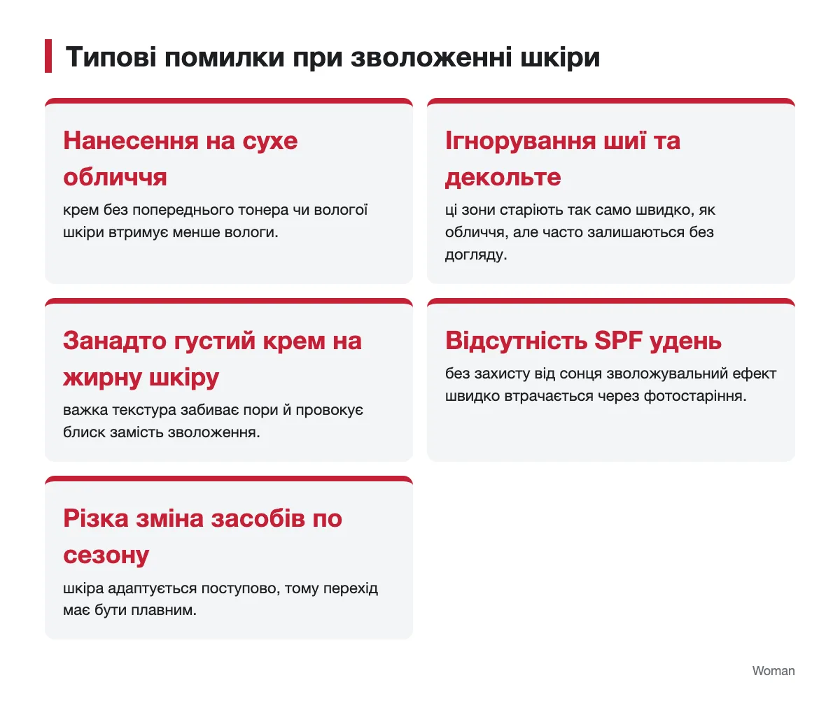Помилки зволоження шкіри: інфографіка Інфографіка з типовими помилками при зволоженні шкіри обличчя