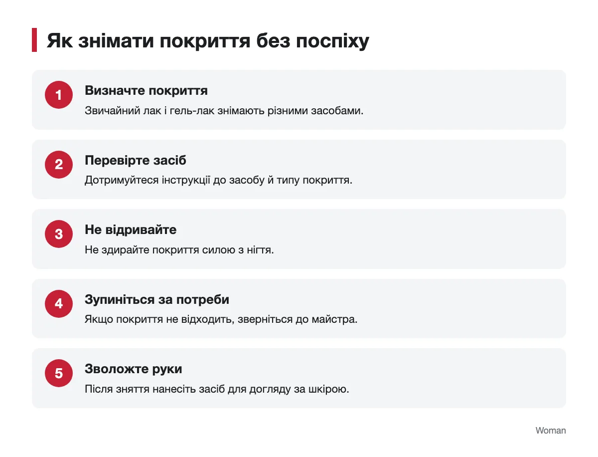 Кроки зняття лаку та гель-лаку вдома Схема послідовності обережного зняття покриття з нігтів
