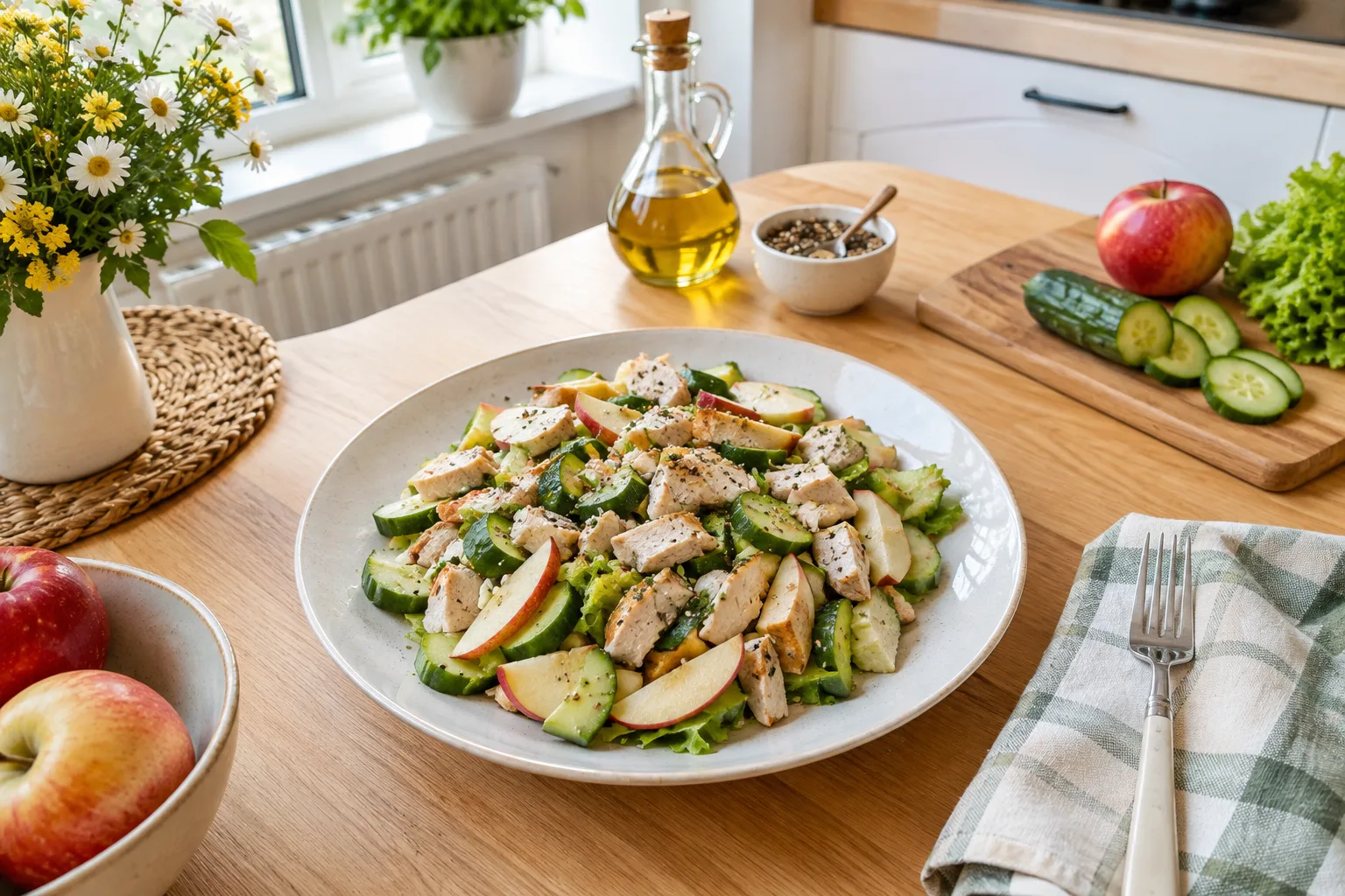 Салат із куркою, яблуком та огірком Салат із куркою, яблуком та огірком на тарілці